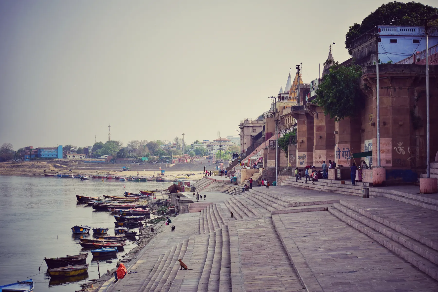 Quiet ghat steps leading down to boats on the river