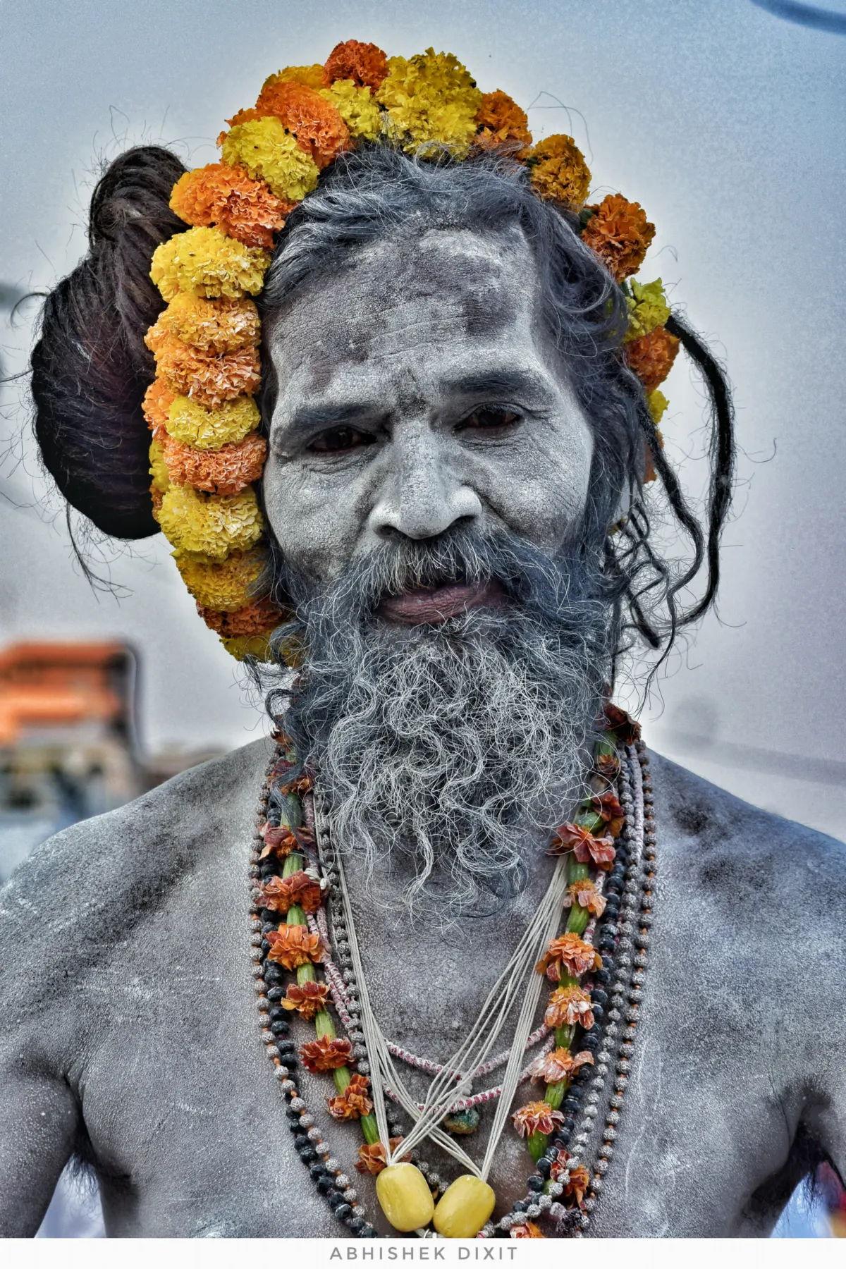 Portrait of an ash-smeared sadhu with marigold garlands